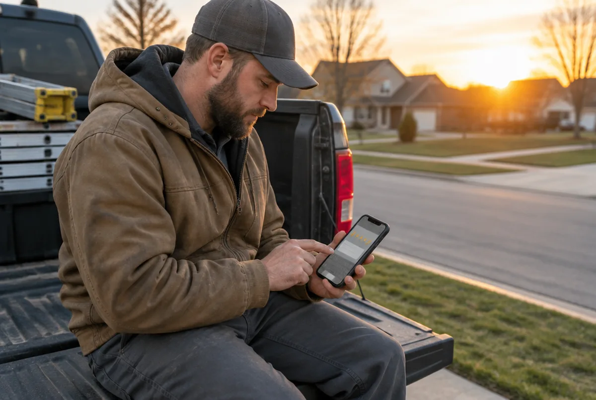 Contractor typing a calm reply to a customer review on his phone