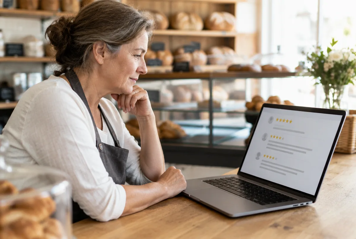 Business owner reading a negative review on her laptop at the shop counter