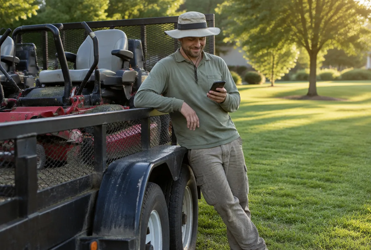 Landscaper reading a review on his phone beside his trailer