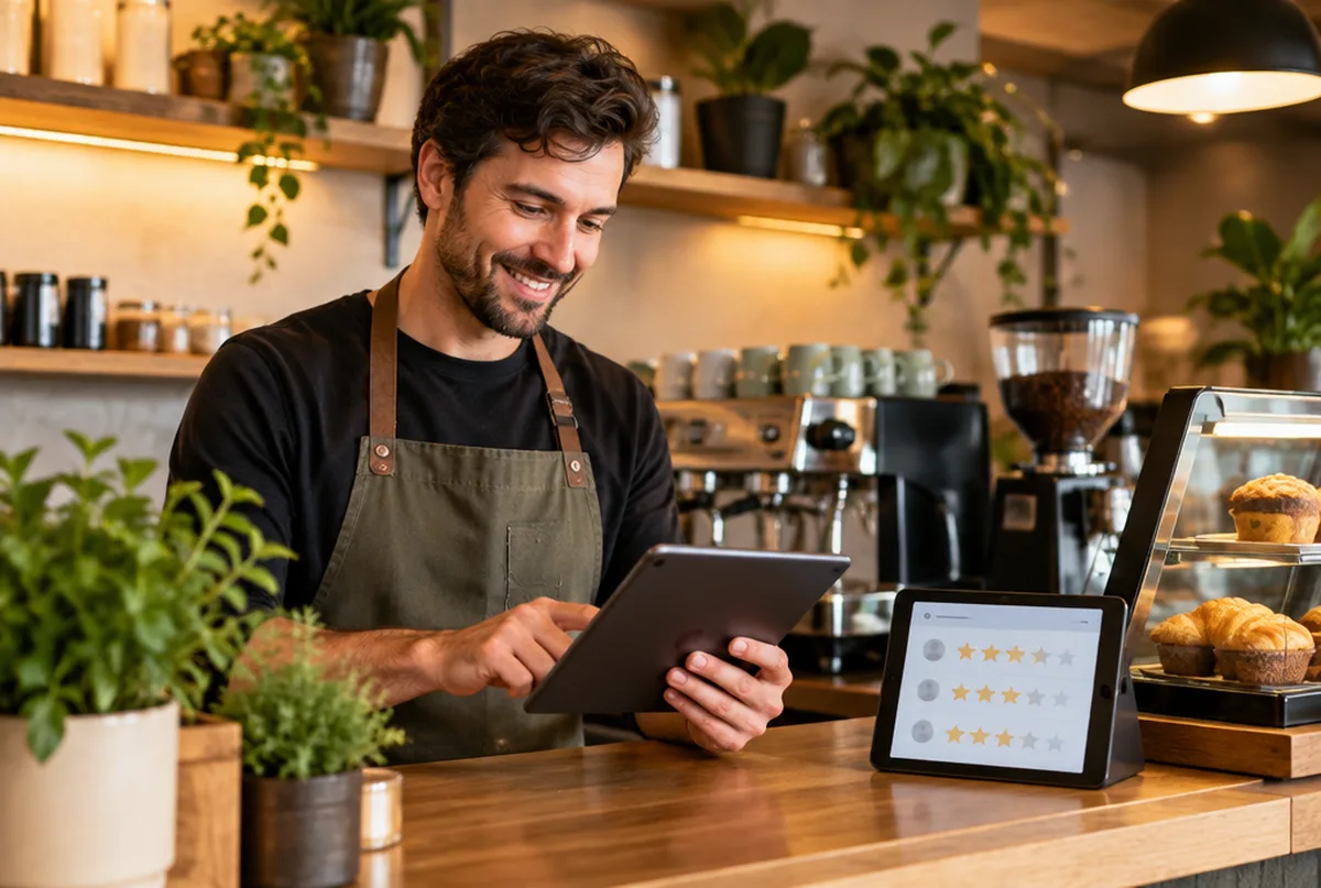 Café owner smiling while replying to a customer review on a tablet