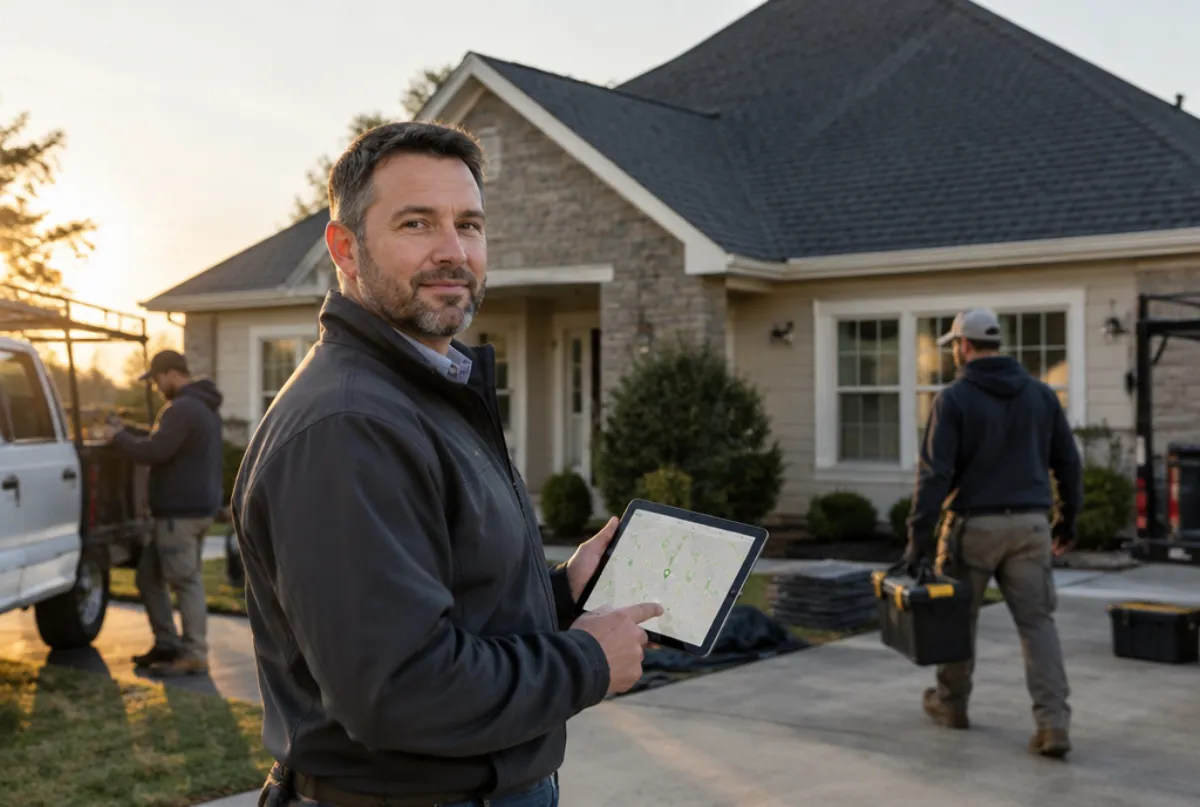 Roofing company owner checking a map on a tablet in front of a finished roof