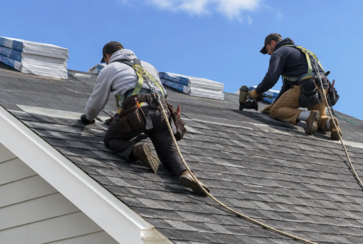 Roofers installing new shingles on a home