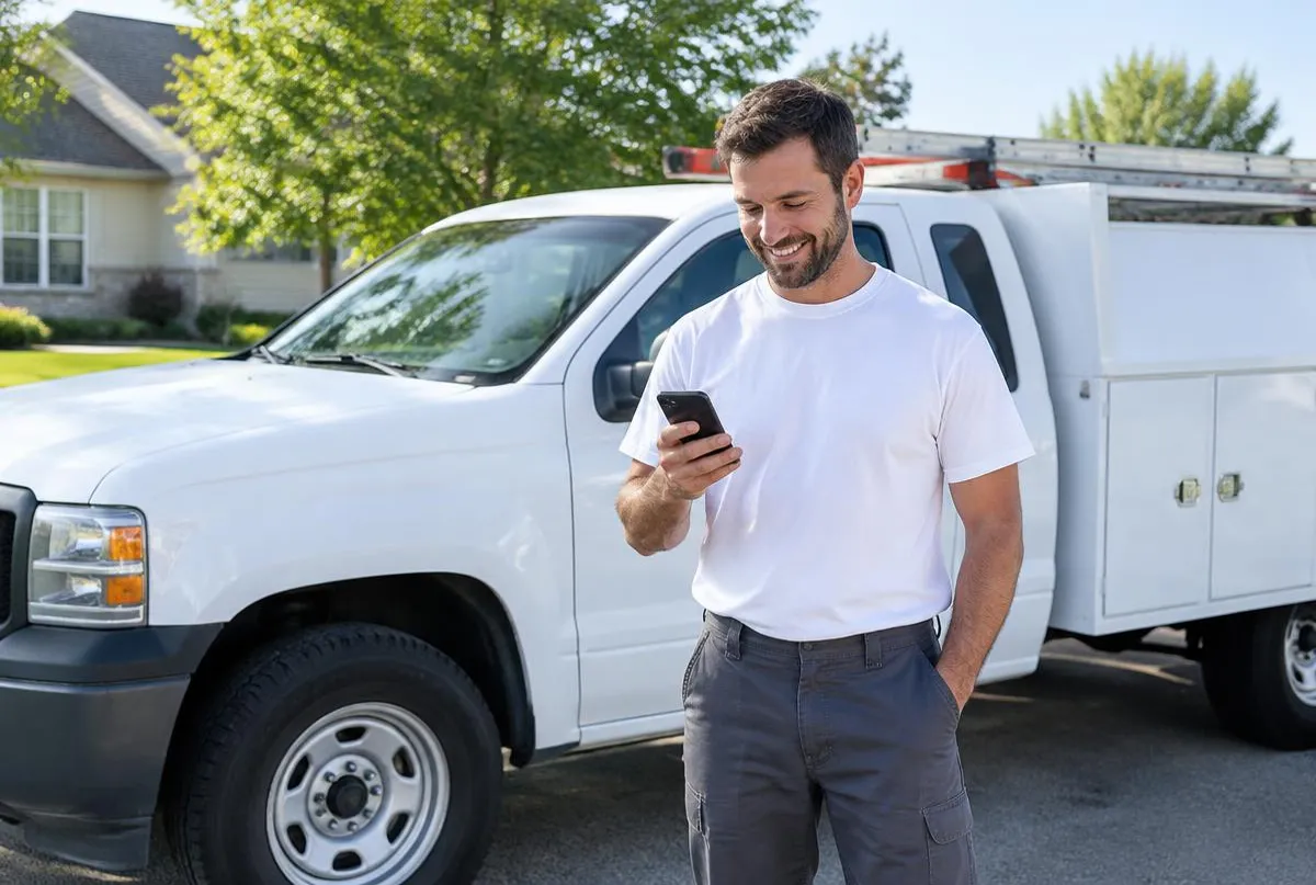 New service business owner looking at a phone beside a work truck
