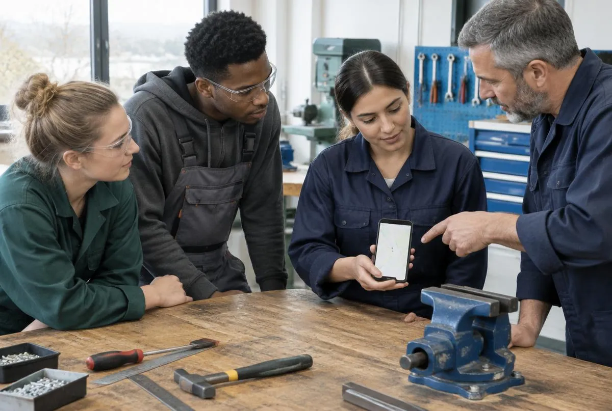 Adult trade students learning with an instructor and a phone map in a training workshop