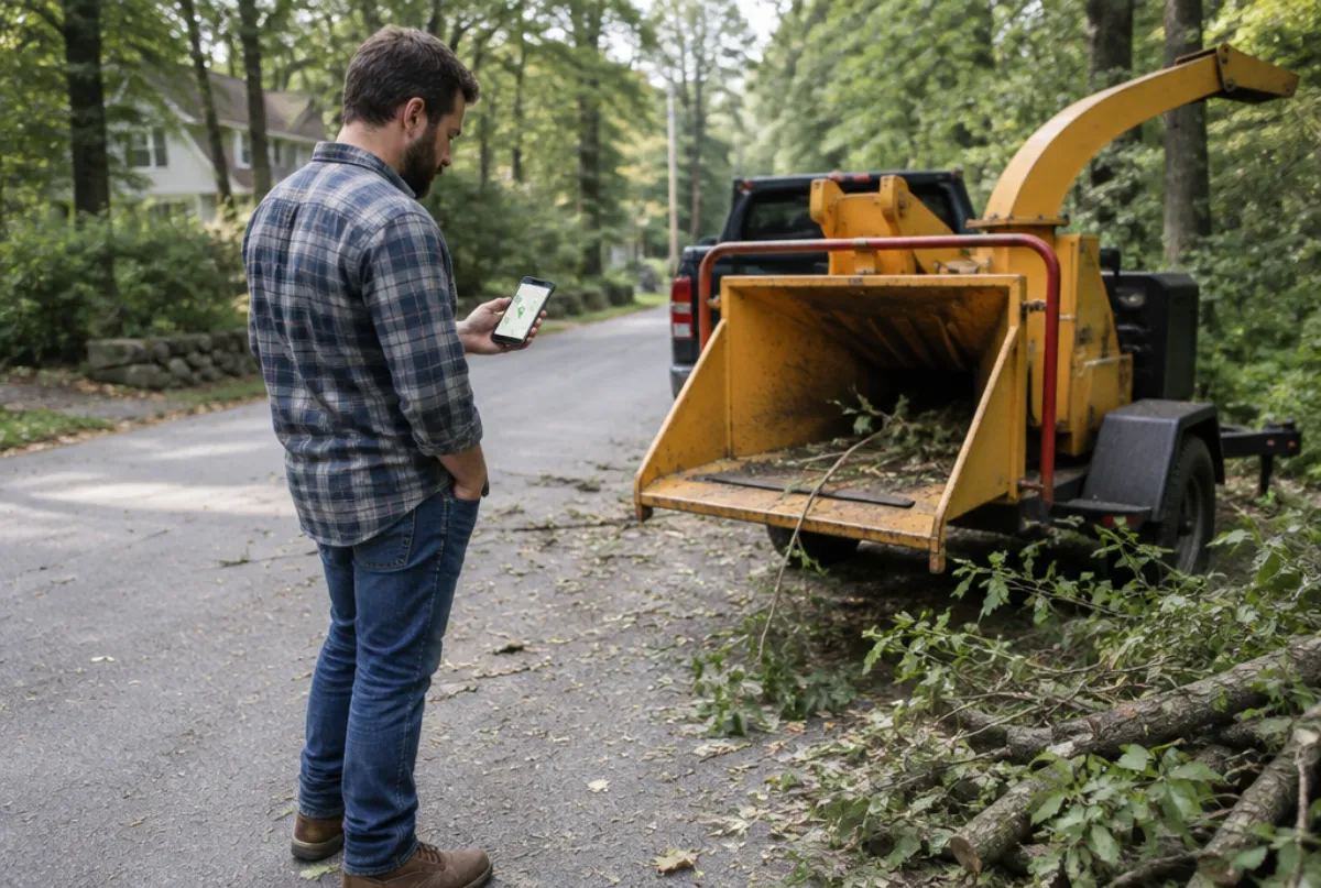 Tree service owner checking a map on his phone next to a wood chipper