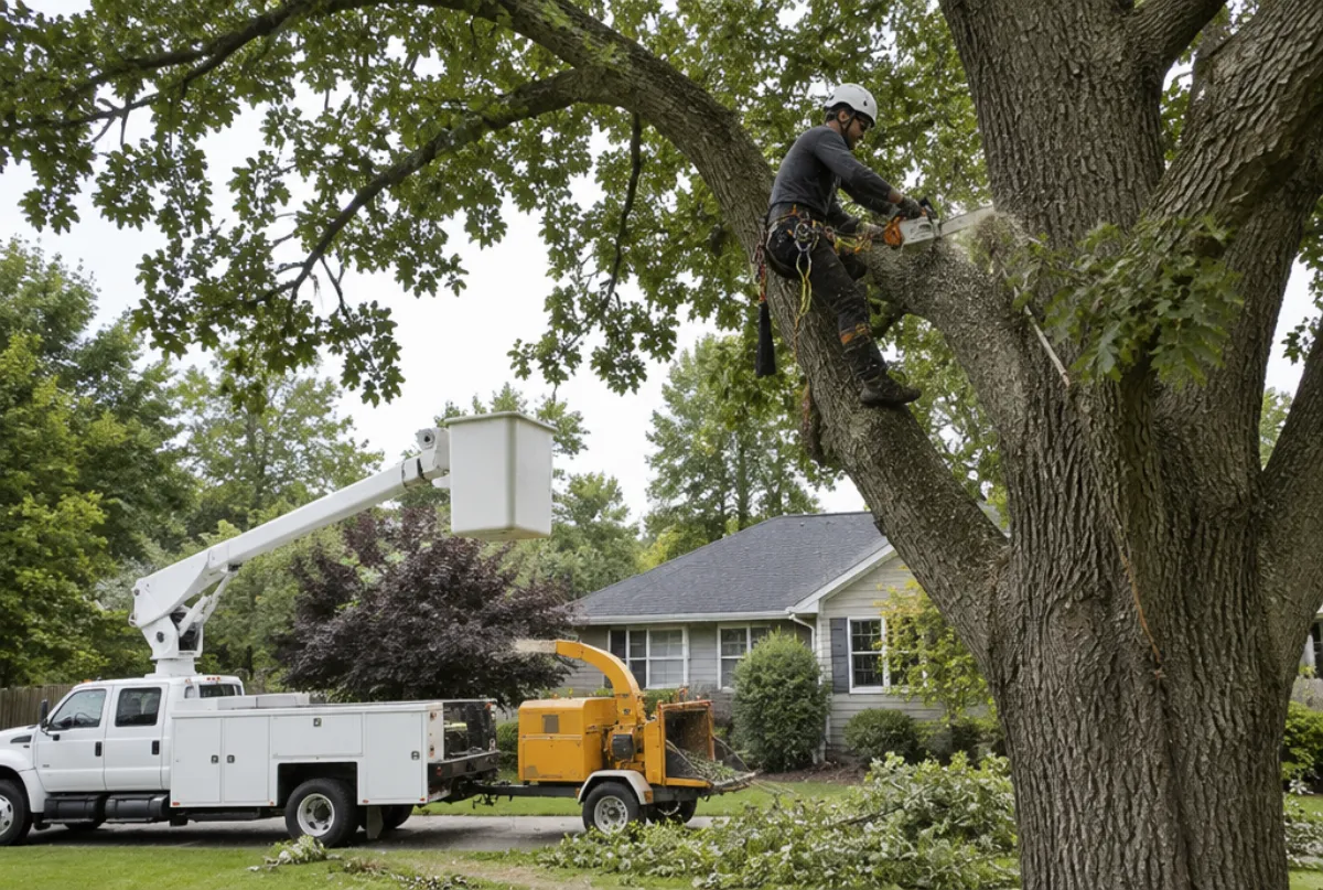 Arborist trimming a large oak with a bucket truck below