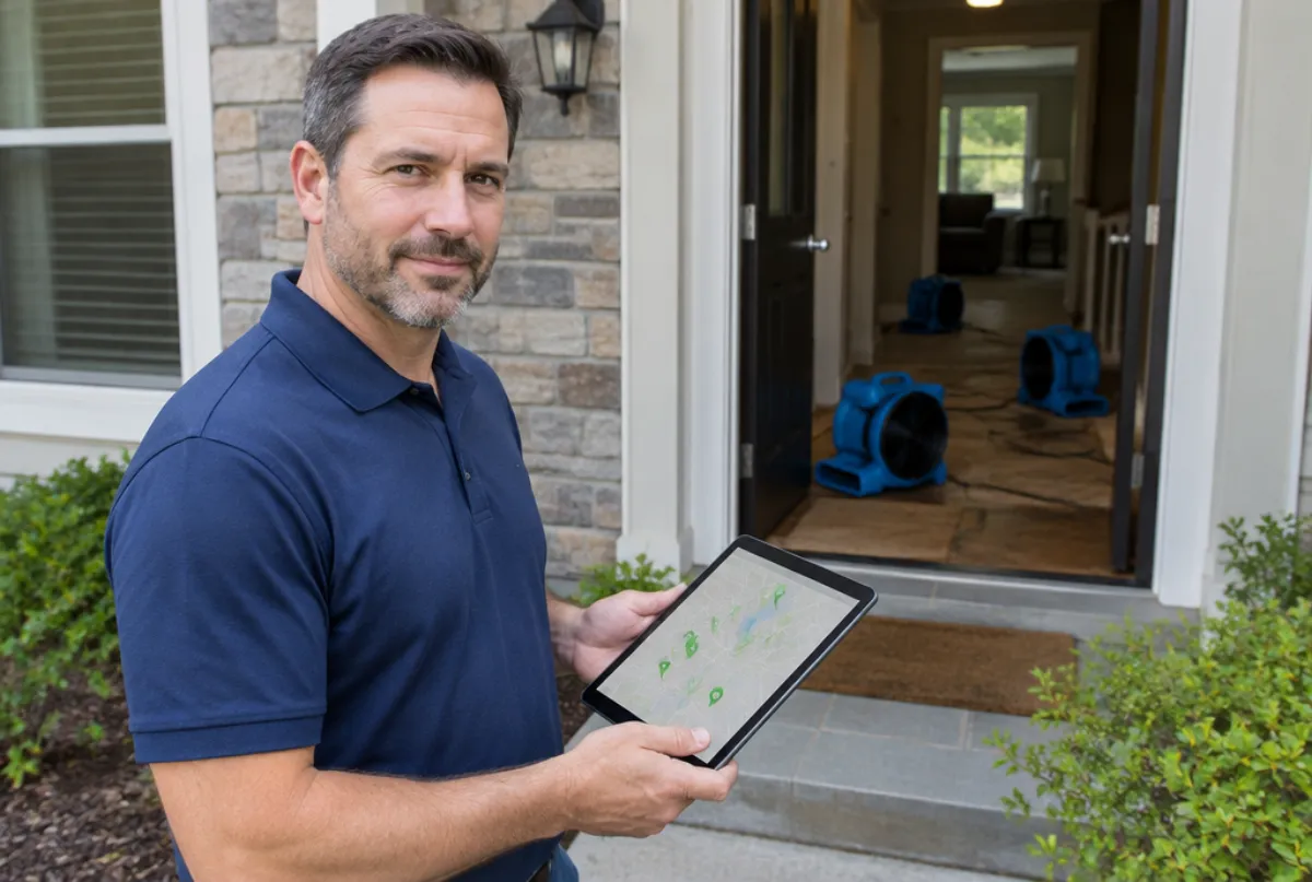 Restoration company owner holding a tablet with a map outside a job