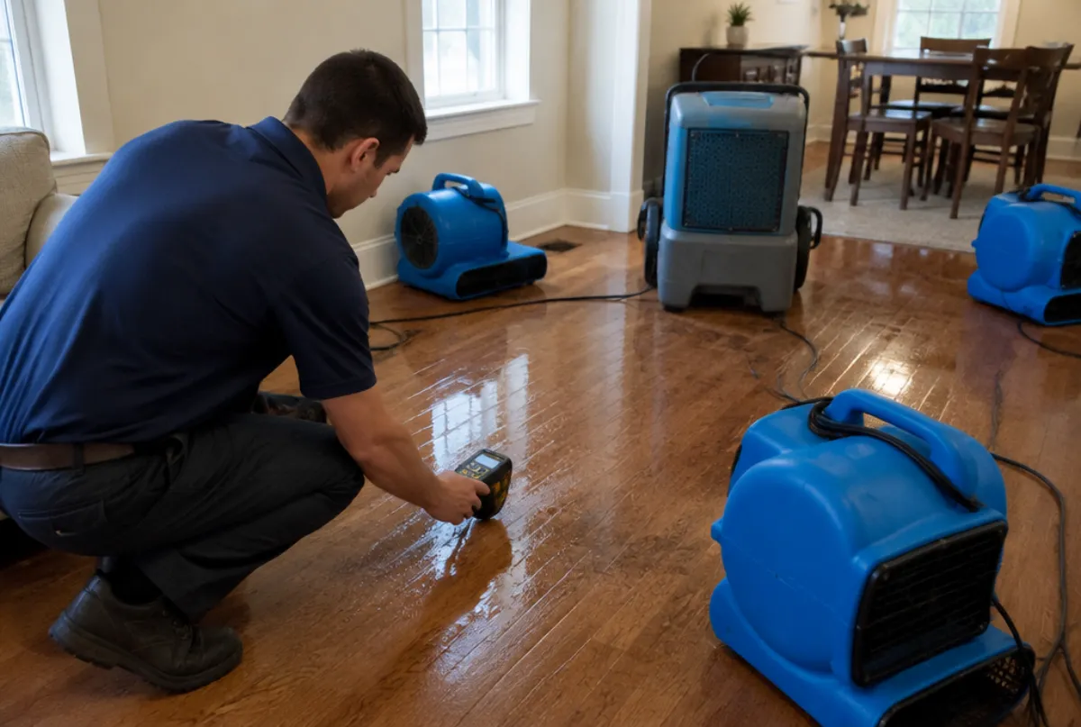Restoration technician setting up air movers on a wet floor