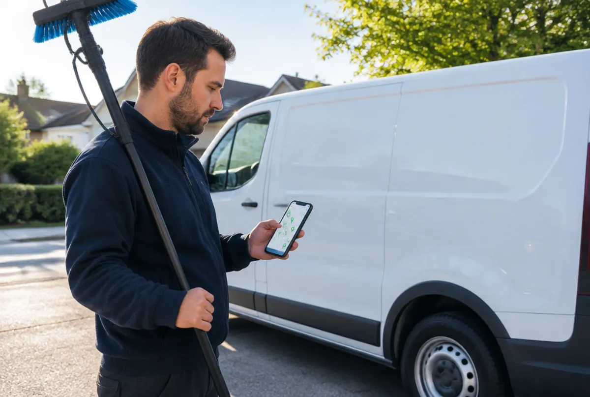 Window cleaning business owner checking a map on his phone beside his van