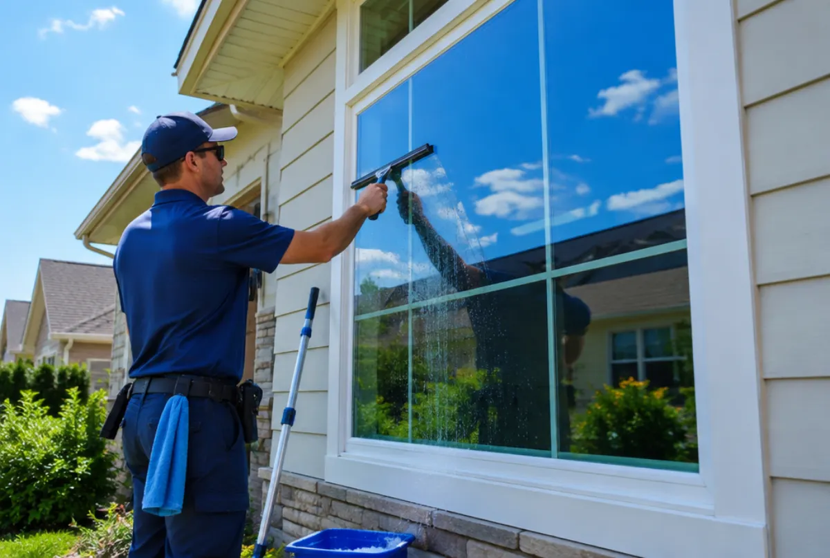 Window cleaner squeegeeing a large front window