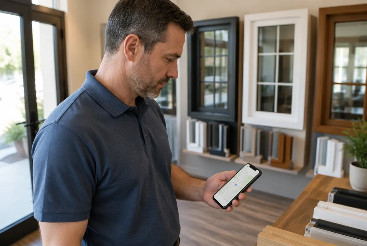 Window company owner checking a map on his phone in his showroom