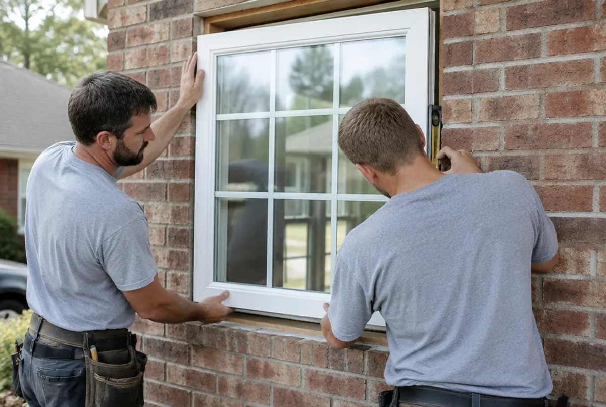 Two installers fitting a new white replacement window into a brick house